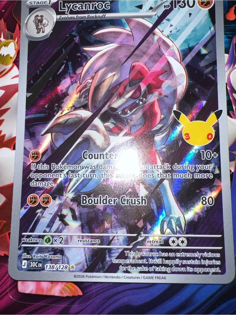 Pokemon Lycanroc Holo Card - White, Red, Blue, Purple